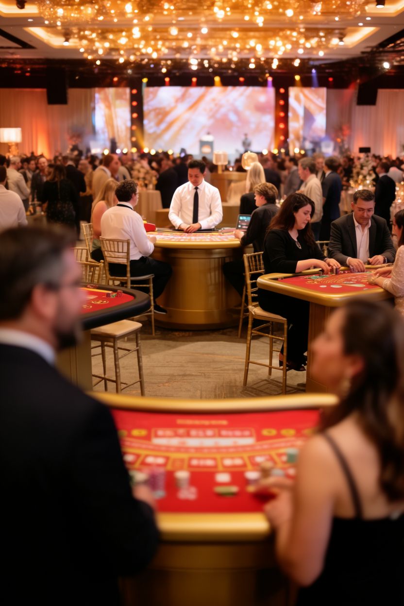 Casino event atmosphere with roulette and blackjack tables